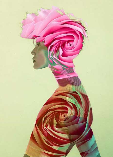 donna di profilo con corpo e testa dipinti di petali di rosa